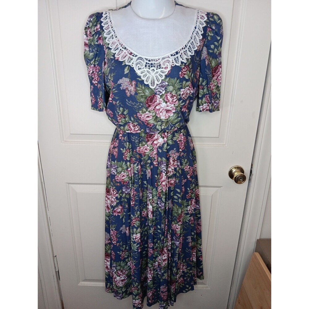 VTG 80s Dress Size 12 Floral Blue Blouson Midi Exaggerated Collar Cottage Core